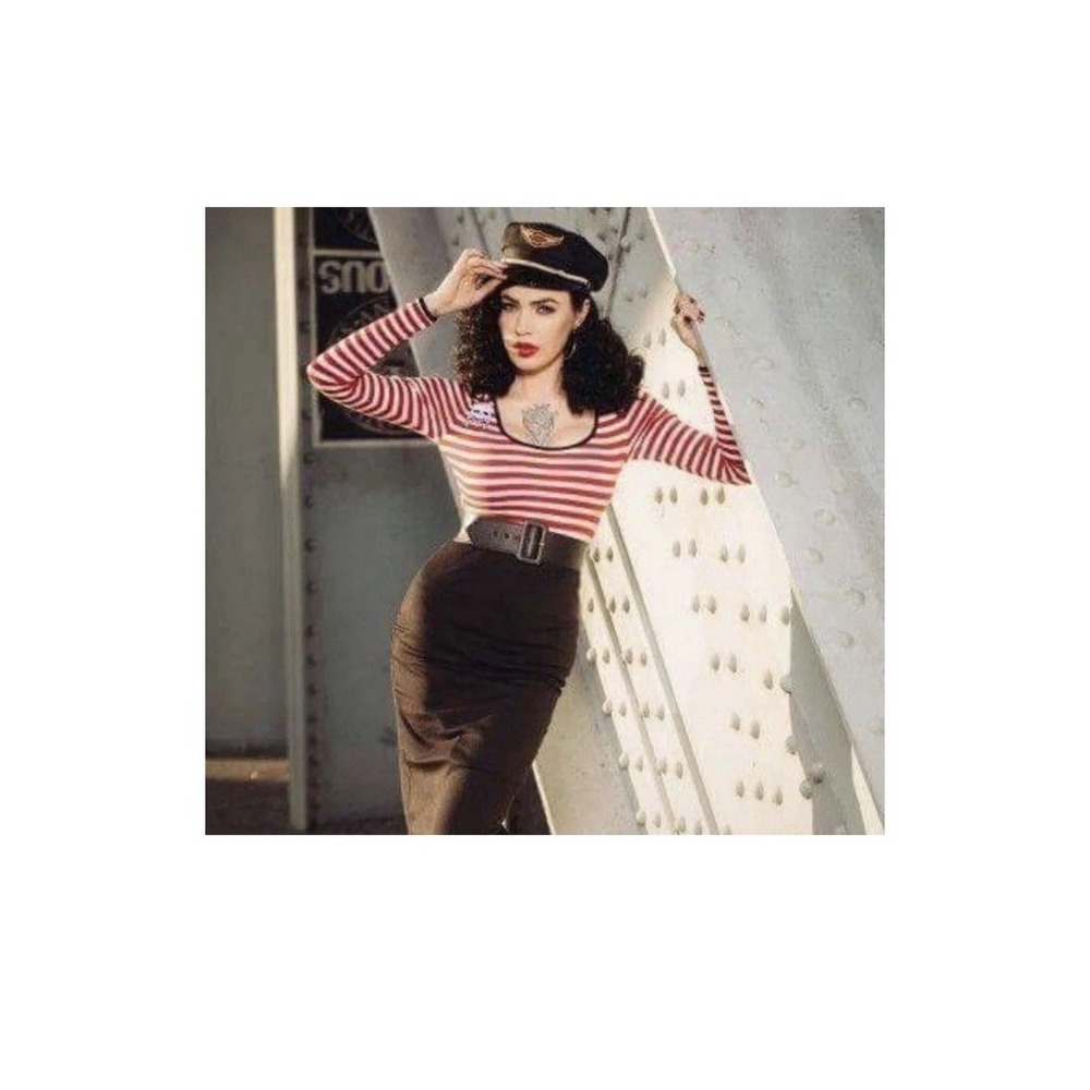Deadly Dames Size XL Pinup Couture Hotrod Honey Dress‎ In Red Striped Skull NWOT